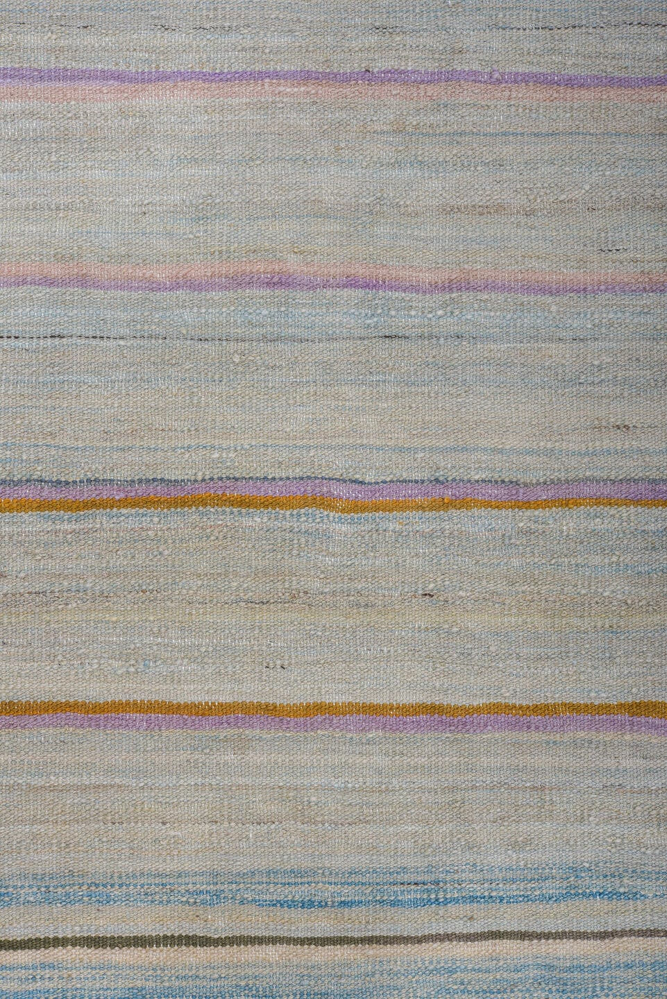 8' x 11' one-of-a-kind handmade vintage Kilim large size rug. Color palette: ivory, pale blue, sky blue, taupe, rust, rose