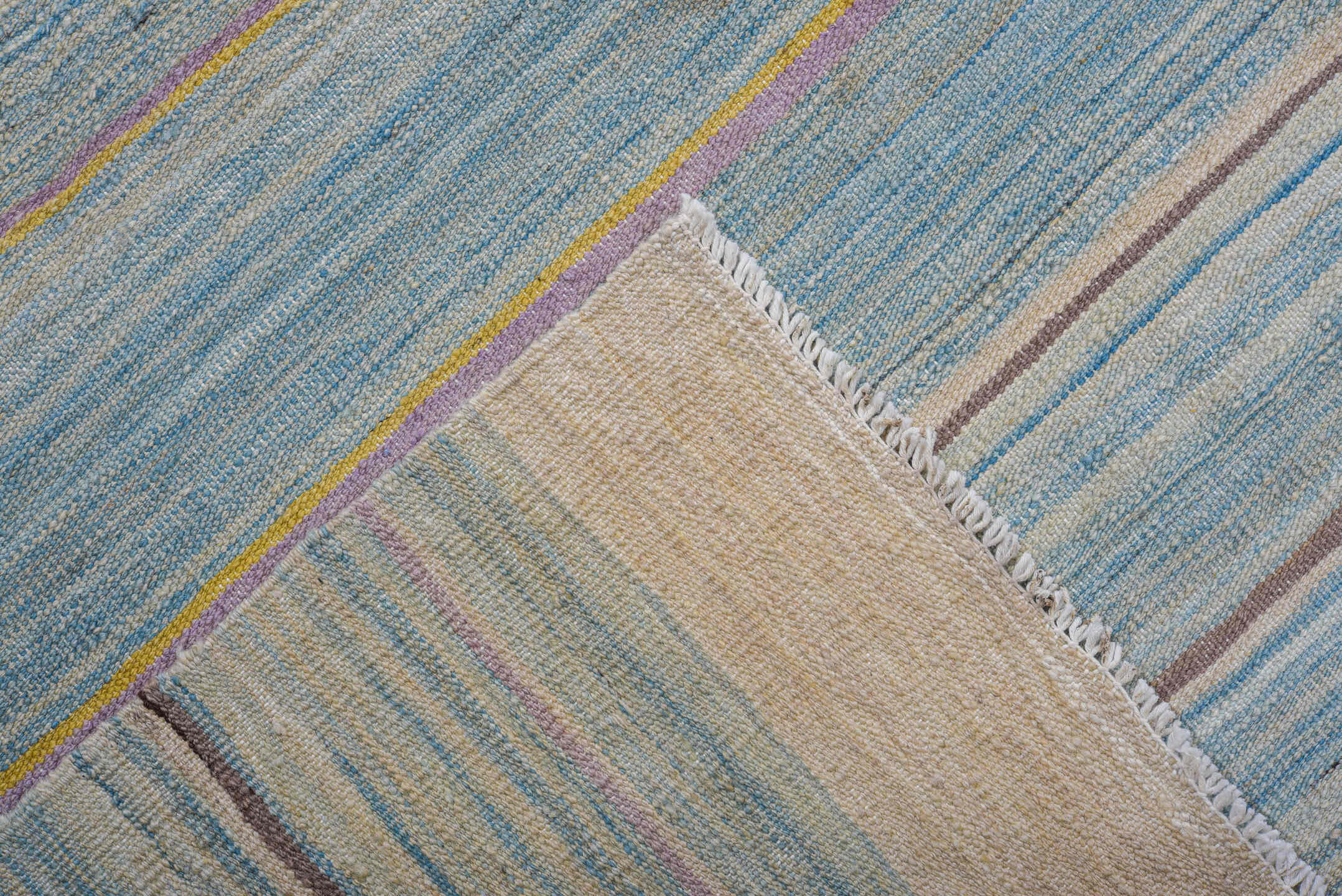 8' x 11' one-of-a-kind handmade vintage Kilim large size rug. Color palette: ivory, pale blue, sky blue, taupe, rust, rose