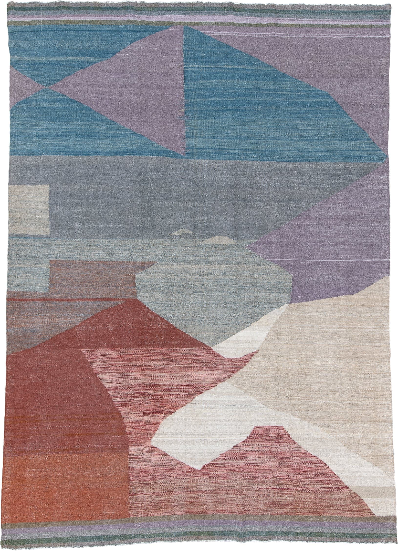 8' x 11' one-of-a-kind handmade vintage Kilim large size rug. Color palette: ivory, lavender, teal, rust, gray, rose, sage