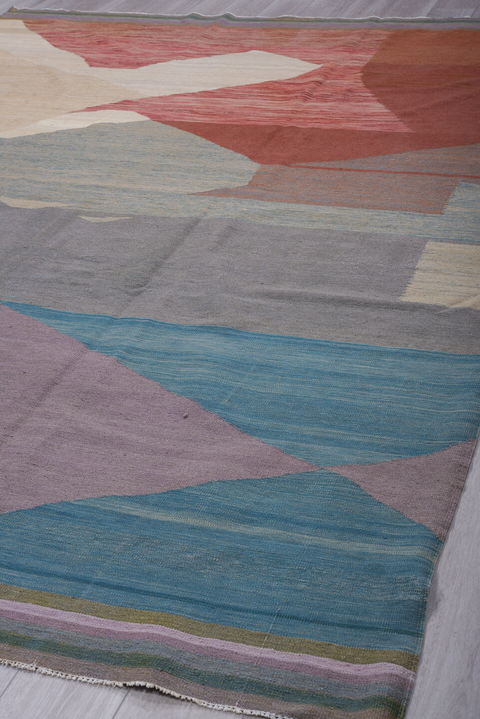 8' x 11' one-of-a-kind handmade vintage Kilim large size rug. Color palette: ivory, lavender, teal, rust, gray, rose, sage