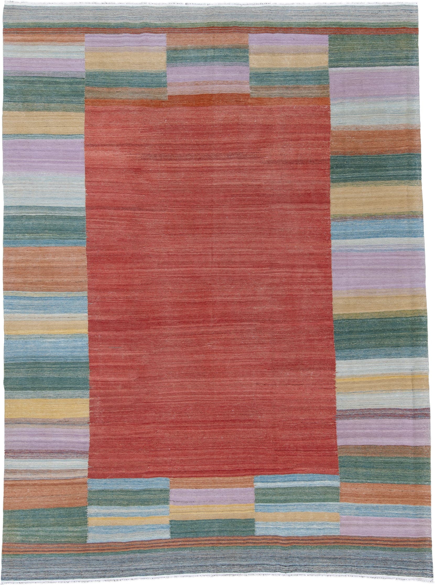 8' x 12' one-of-a-kind handmade vintage Kilim large size rug. Color palette: terra cotta, sage, sky blue, lavender, camel