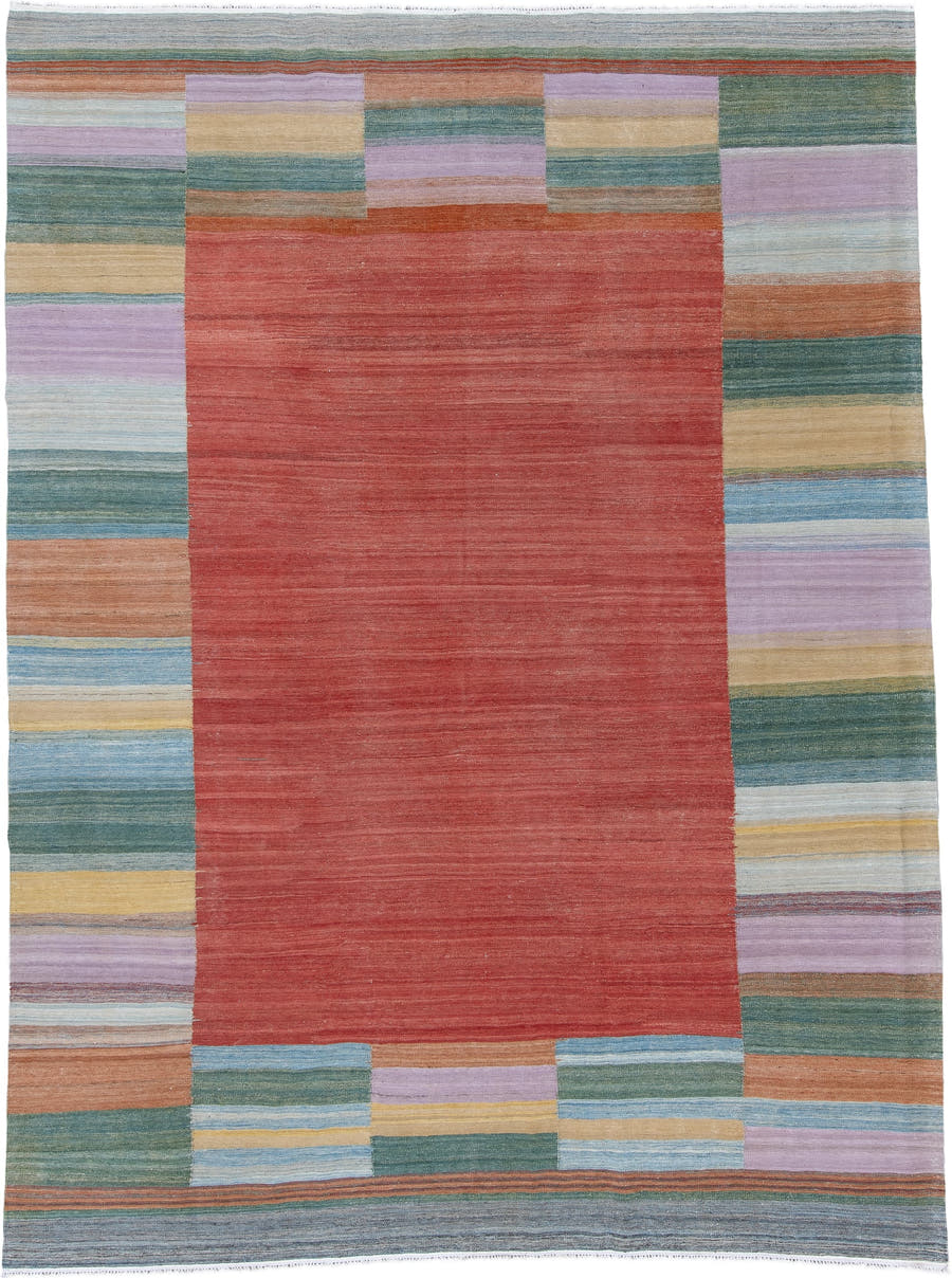 8' x 12' one-of-a-kind handmade vintage Kilim large size rug. Color palette: terra cotta, sage, sky blue, lavender, camel