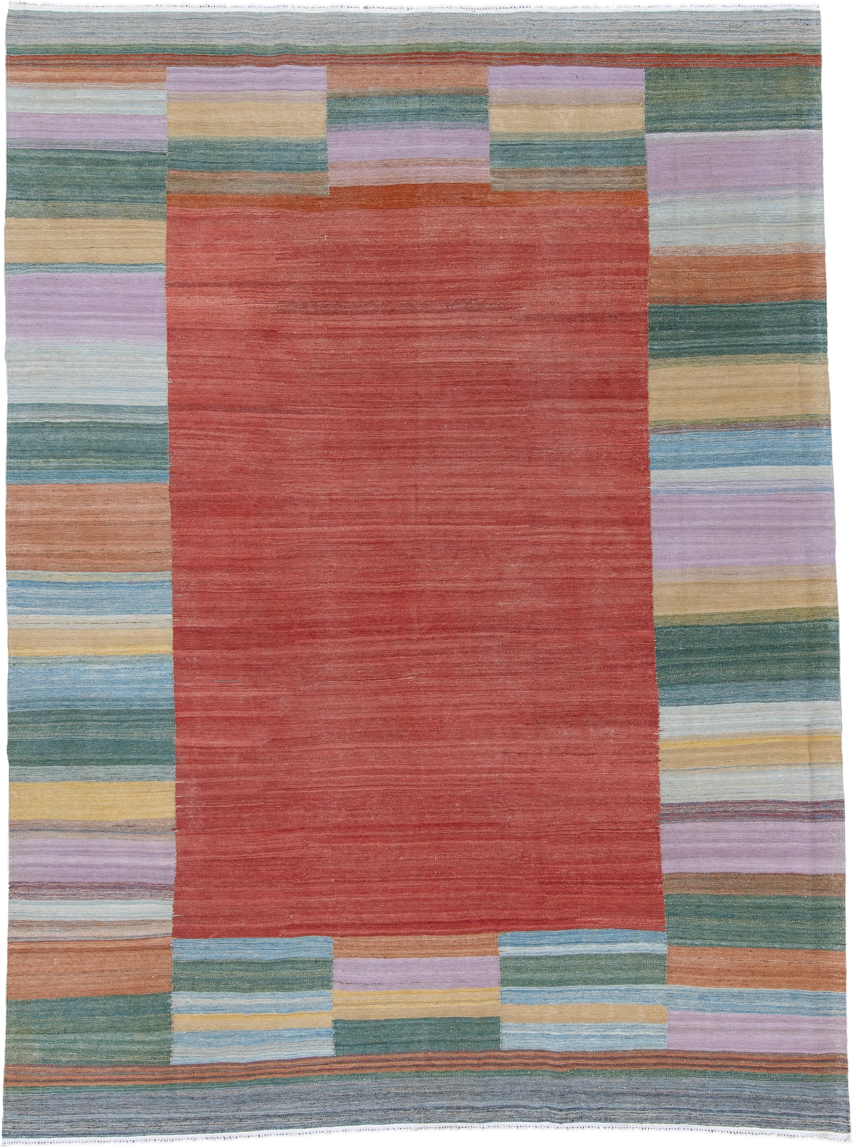 8' x 12' one-of-a-kind handmade vintage Kilim large size rug. Color palette: terra cotta, sage, sky blue, lavender, camel