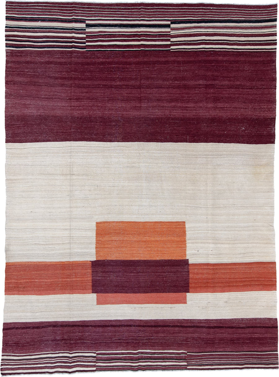 8' x 12' one-of-a-kind handmade vintage Kilim large size rug. Color palette: ivory, burgundy, plum, rust, charcoal, pink