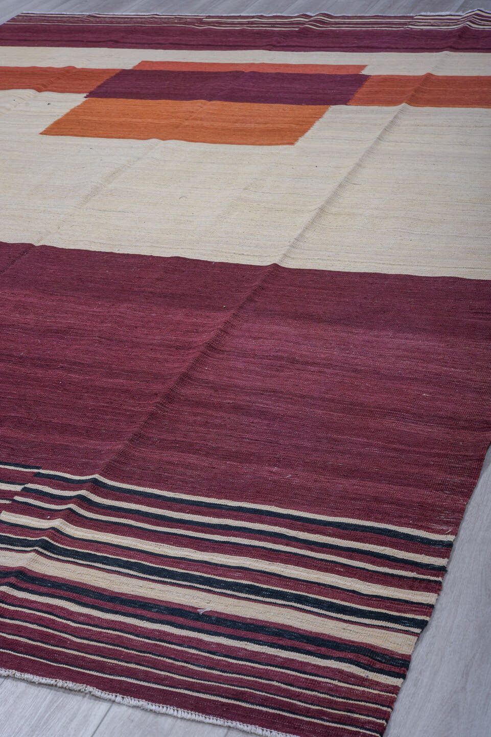 8' x 12' one-of-a-kind handmade vintage Kilim large size rug. Color palette: ivory, burgundy, plum, rust, charcoal, pink