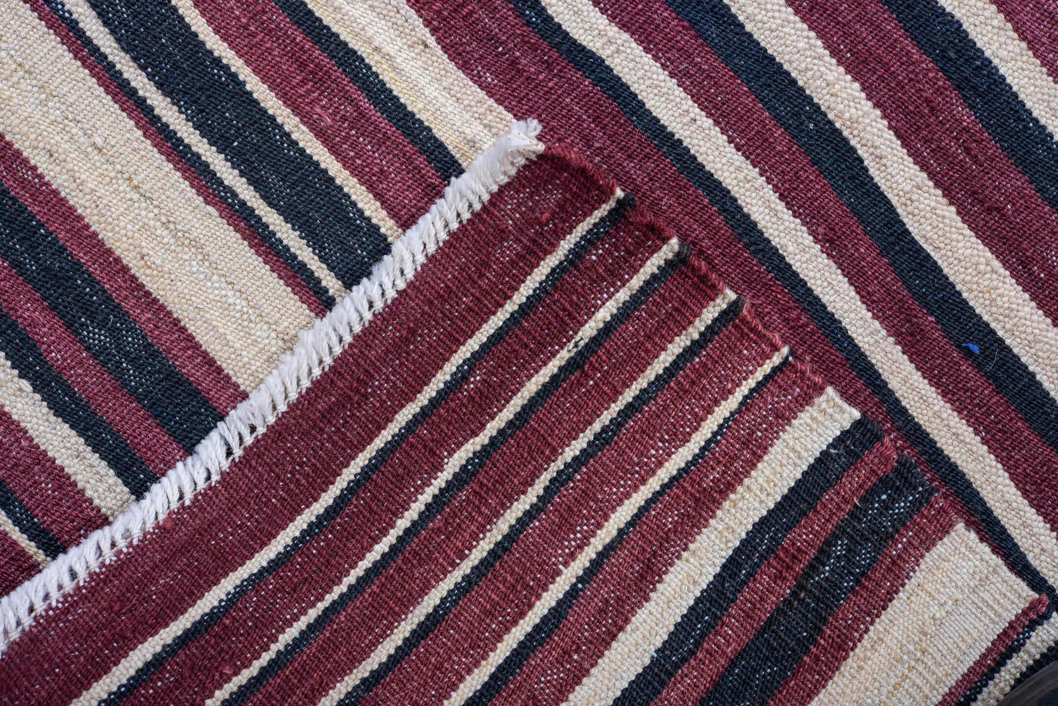 8' x 12' one-of-a-kind handmade vintage Kilim large size rug. Color palette: blue, brown, dark gray, gray, light blue