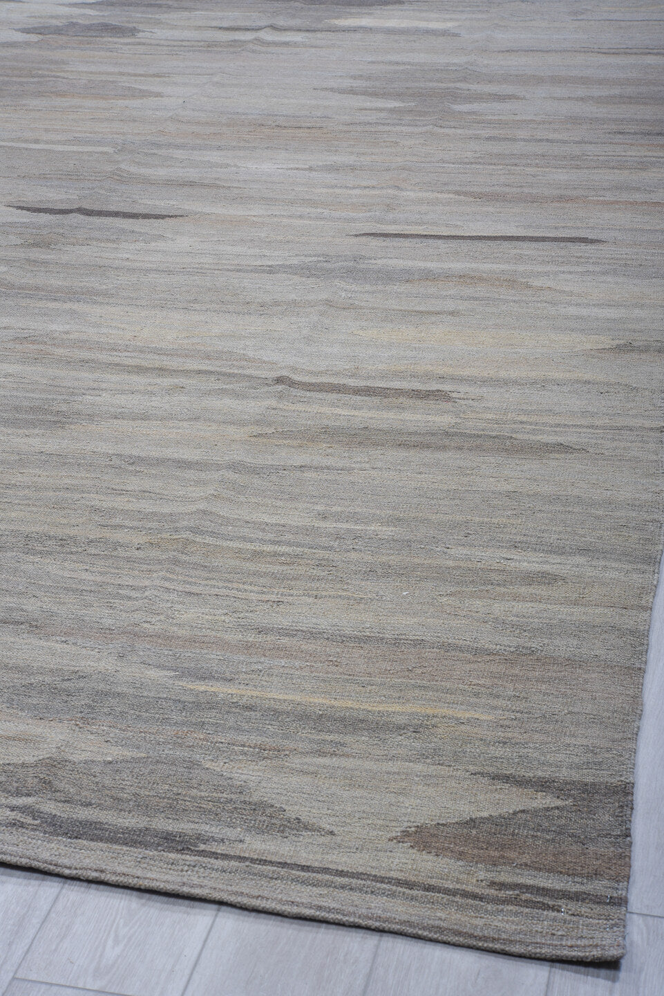 8' x 12' one-of-a-kind handmade vintage Kilim large size rug. Color palette: gray, ivory, taupe, charcoal, greige, beige