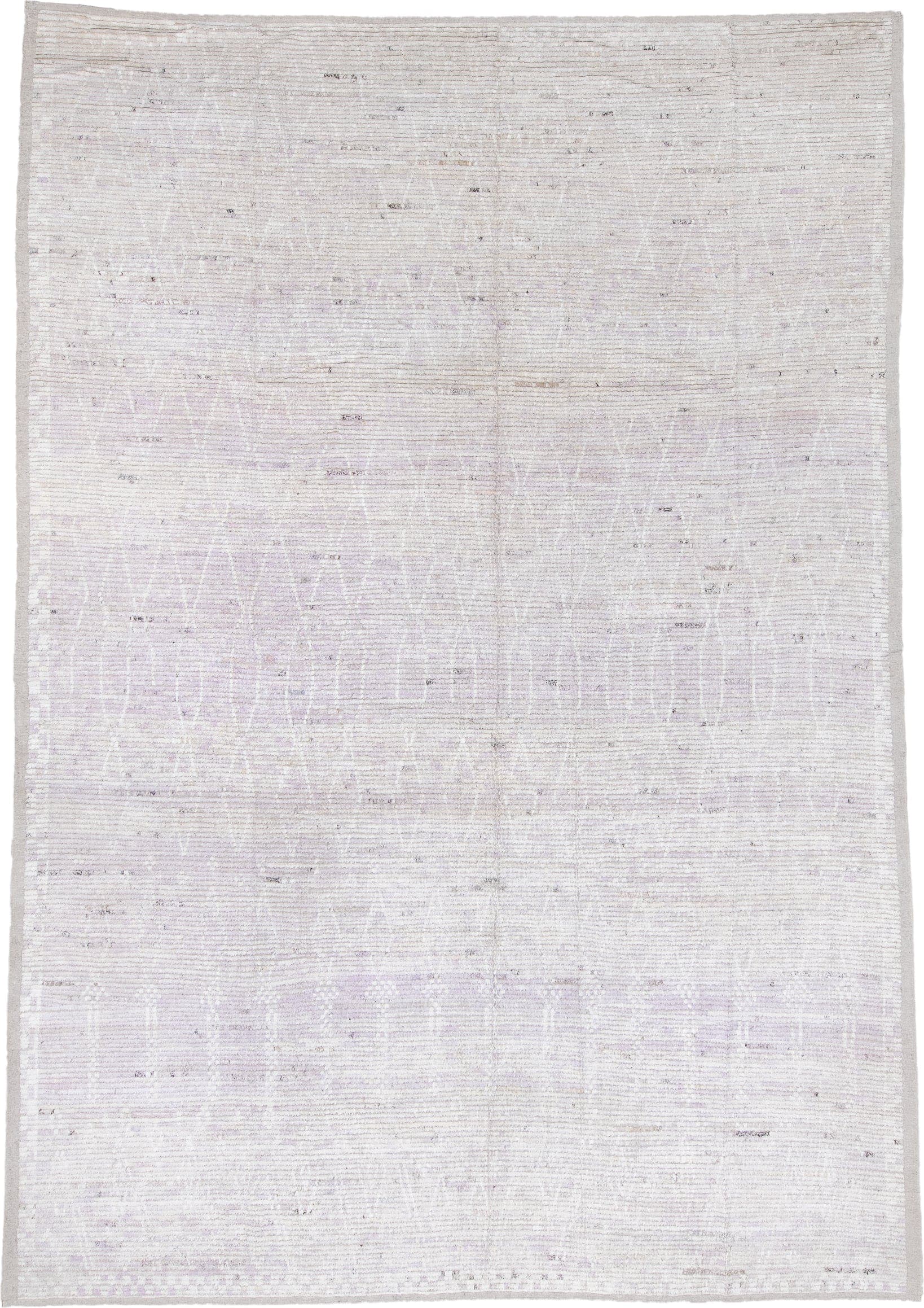8' x 13' one-of-a-kind handmade vintage Tulu large size rug. Color palette: ivory, lavender, cream, taupe, charcoal