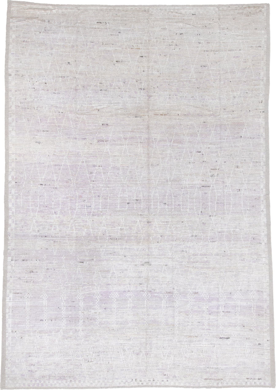 8' x 13' one-of-a-kind handmade vintage Tulu large size rug. Color palette: ivory, lavender, cream, taupe, charcoal