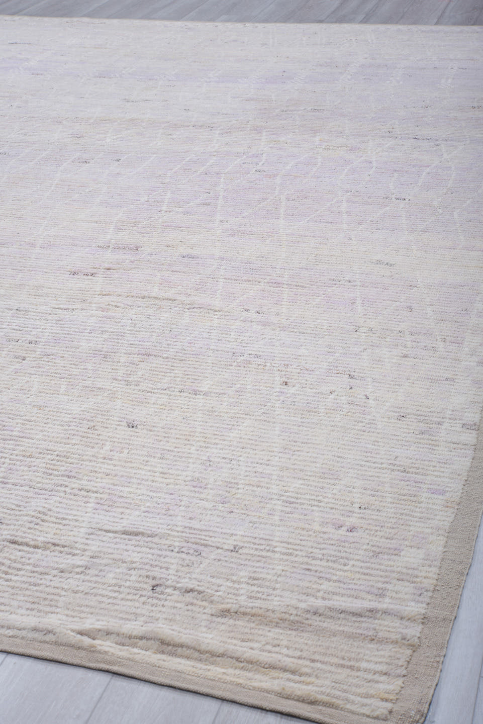 8' x 13' one-of-a-kind handmade vintage Tulu large size rug. Color palette: ivory, lavender, cream, taupe, charcoal