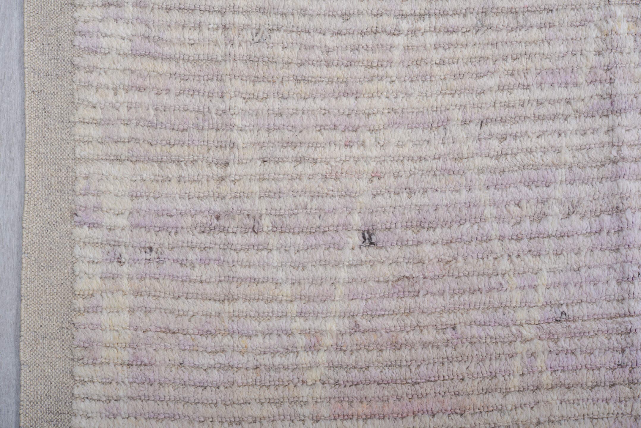 8' x 13' one-of-a-kind handmade vintage Tulu large size rug. Color palette: ivory, lavender, cream, taupe, charcoal