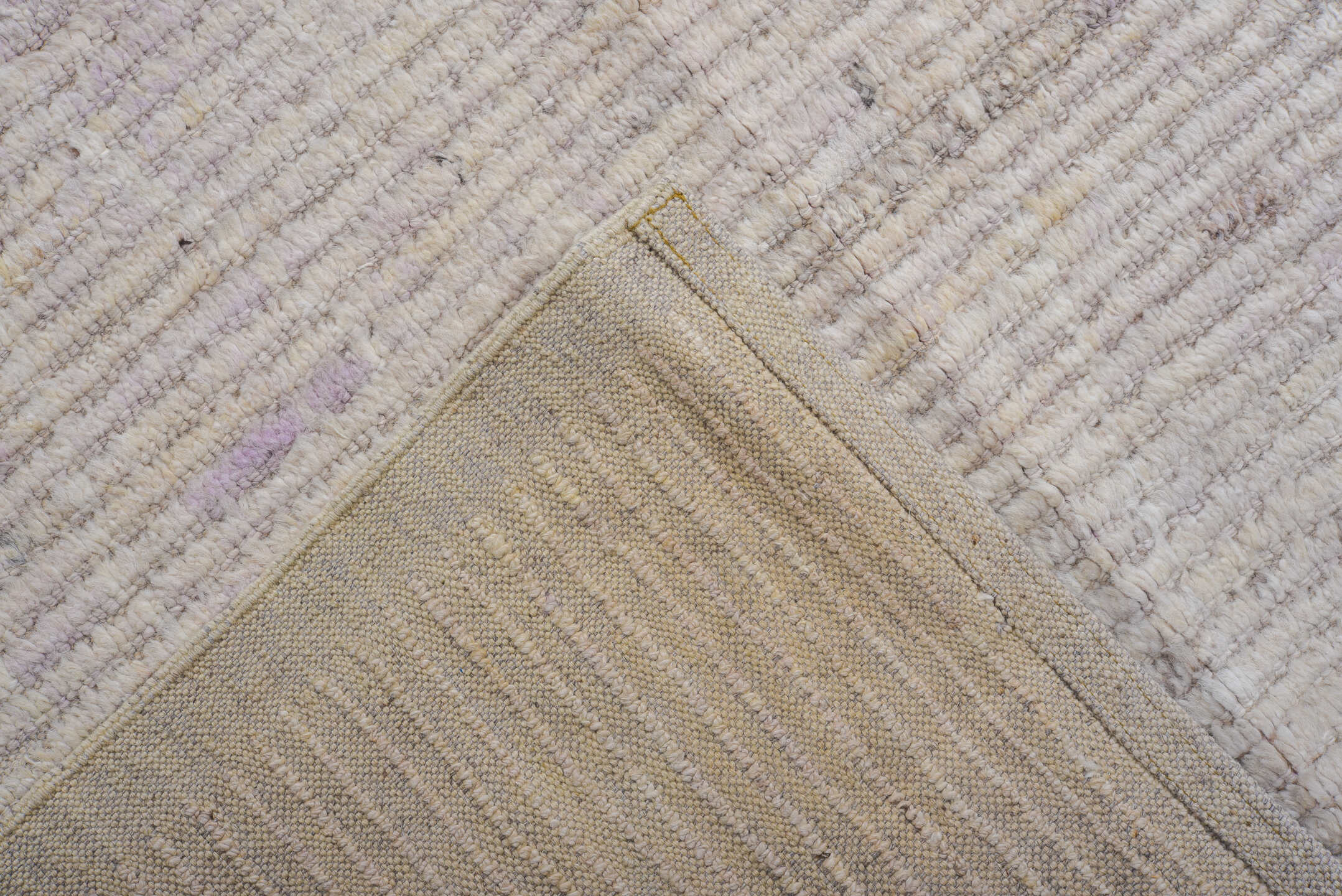 8' x 13' one-of-a-kind handmade vintage Tulu large size rug. Color palette: ivory, lavender, cream, taupe, charcoal