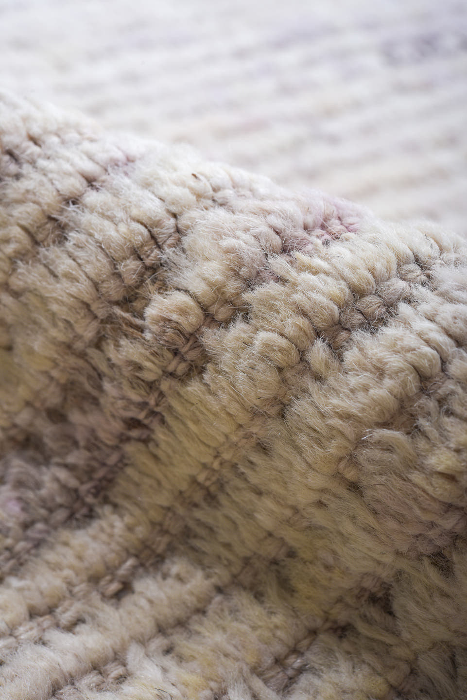 8' x 13' one-of-a-kind handmade vintage Tulu large size rug. Color palette: ivory, lavender, cream, taupe, charcoal
