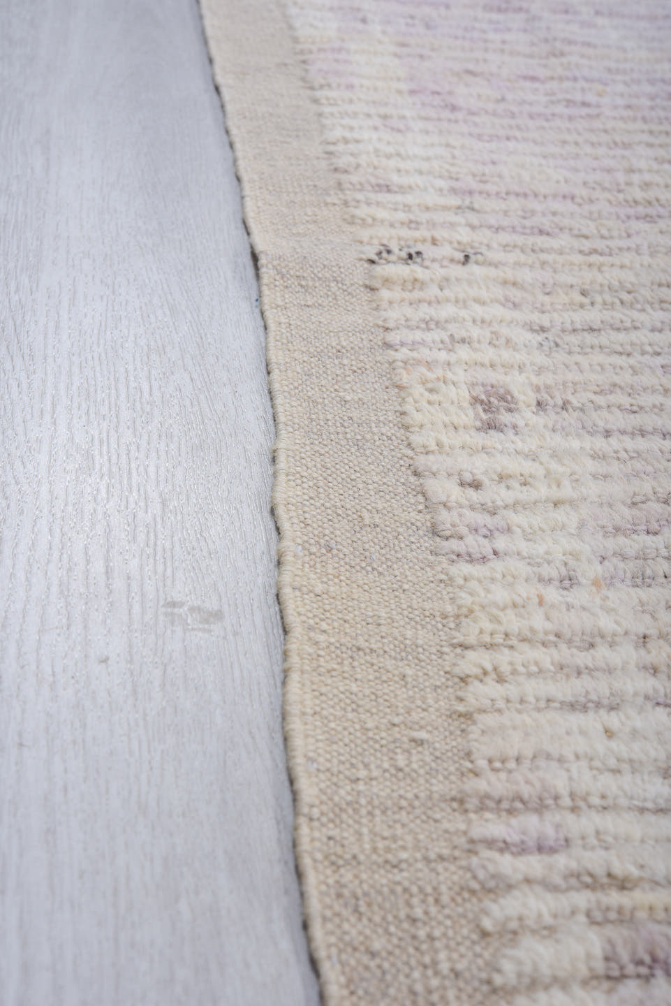 8' x 13' one-of-a-kind handmade vintage Tulu large size rug. Color palette: ivory, lavender, cream, taupe, charcoal