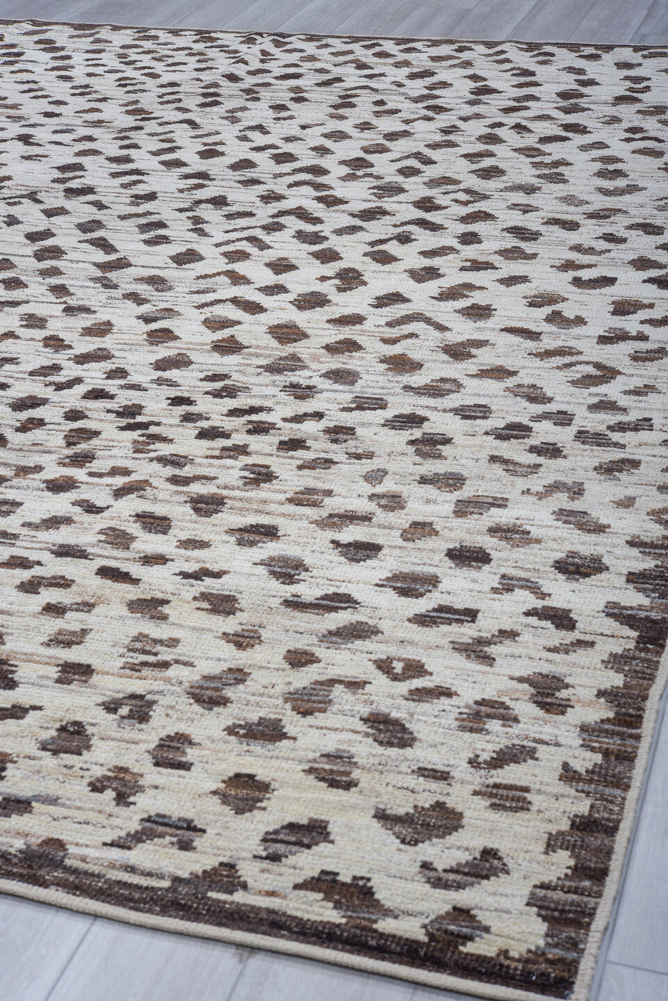 10' x 14' one-of-a-kind handmade vintage Tulu large size rug. Color palette: ivory, brown, taupe, charcoal, beige, gray