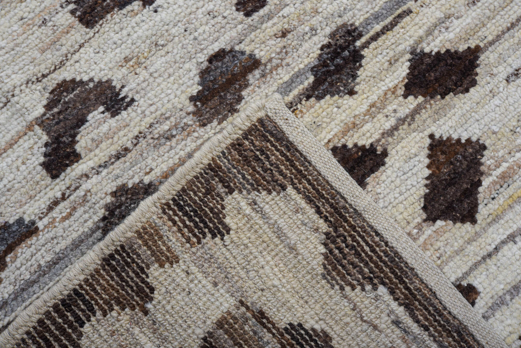 10' x 14' one-of-a-kind handmade vintage Tulu large size rug. Color palette: ivory, brown, taupe, charcoal, beige, gray