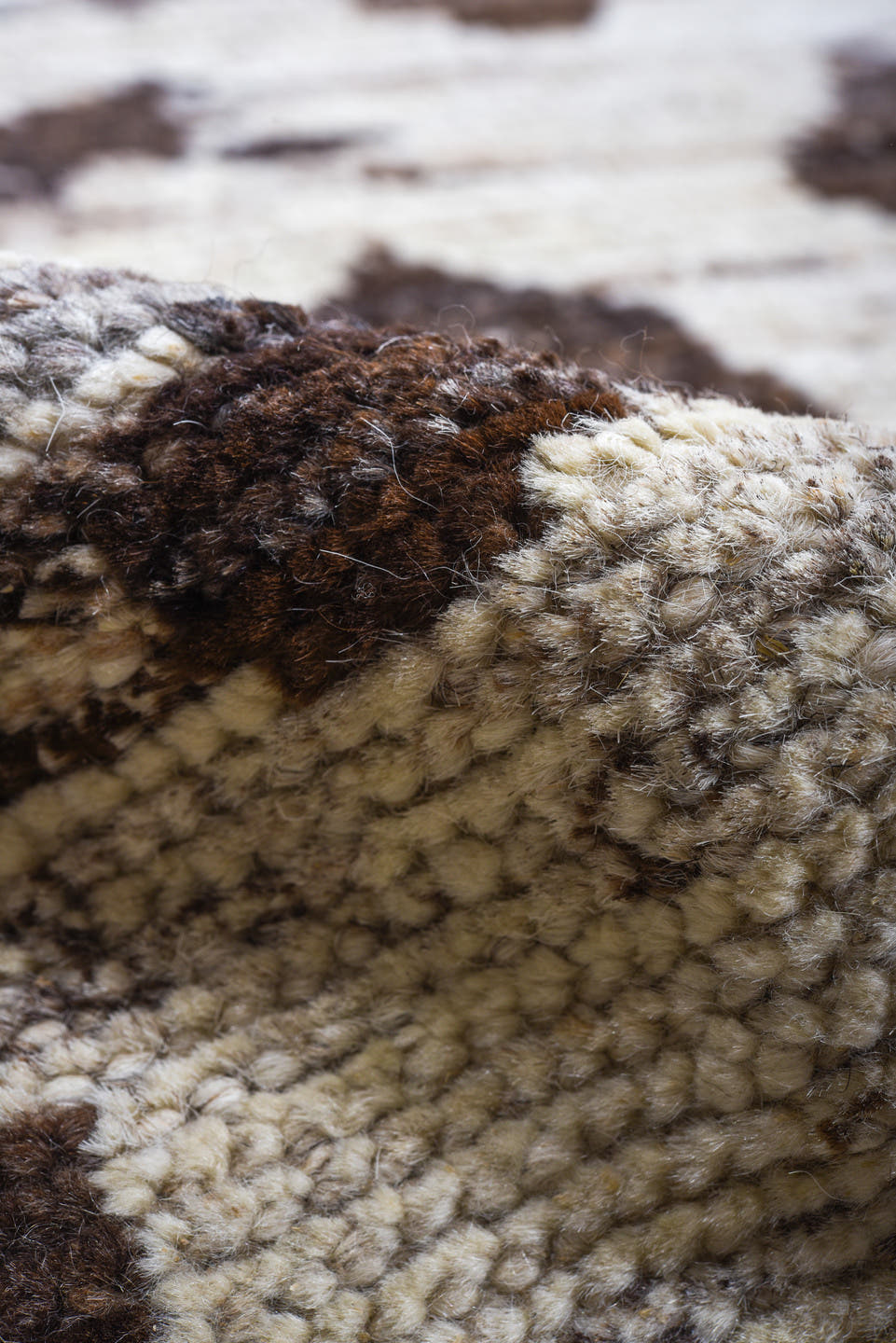 10' x 14' one-of-a-kind handmade vintage Tulu large size rug. Color palette: ivory, brown, taupe, charcoal, beige, gray