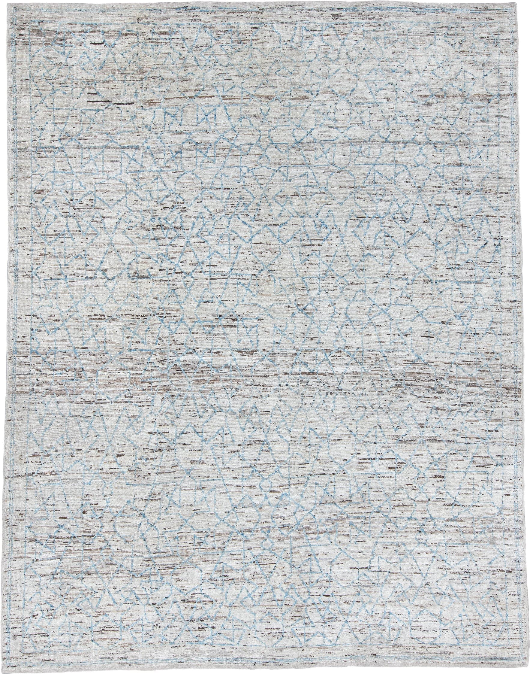 9' x 12' one-of-a-kind handmade vintage Tulu large size rug. Color palette: ivory, pale blue, taupe, gray, light blue, beige