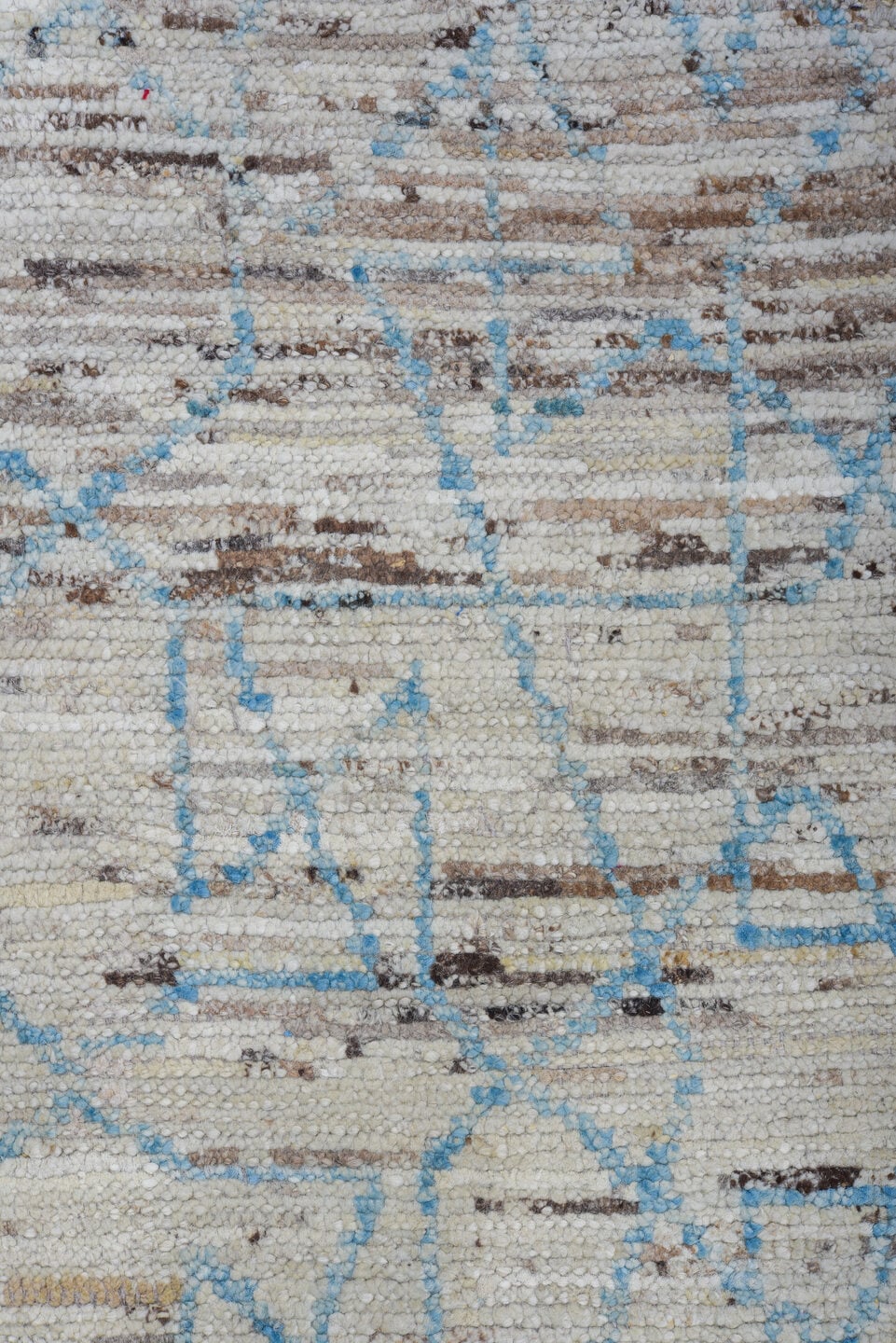 9' x 12' one-of-a-kind handmade vintage Tulu large size rug. Color palette: ivory, pale blue, taupe, gray, light blue, beige