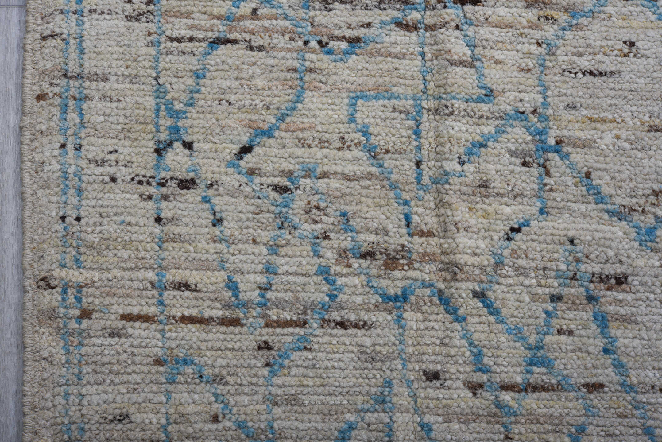 9' x 12' one-of-a-kind handmade vintage Tulu large size rug. Color palette: ivory, pale blue, taupe, gray, light blue, beige
