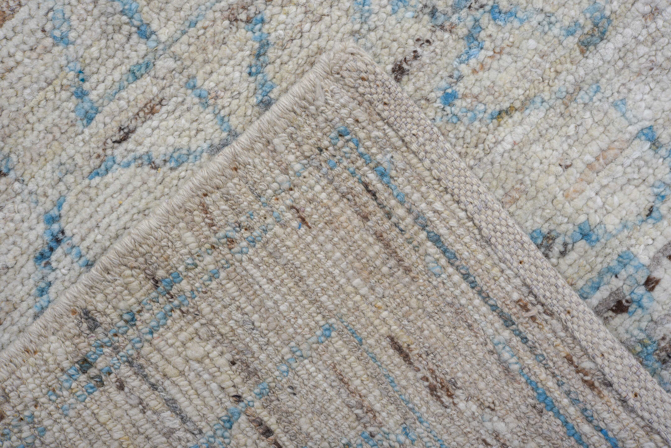9' x 12' one-of-a-kind handmade vintage Tulu large size rug. Color palette: ivory, pale blue, taupe, gray, light blue, beige