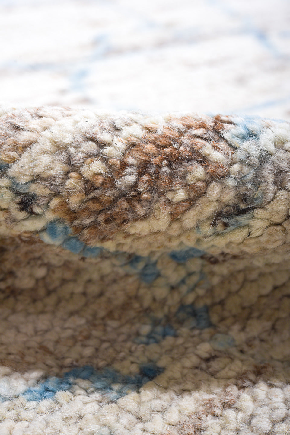 9' x 12' one-of-a-kind handmade vintage Tulu large size rug. Color palette: ivory, pale blue, taupe, gray, light blue, beige