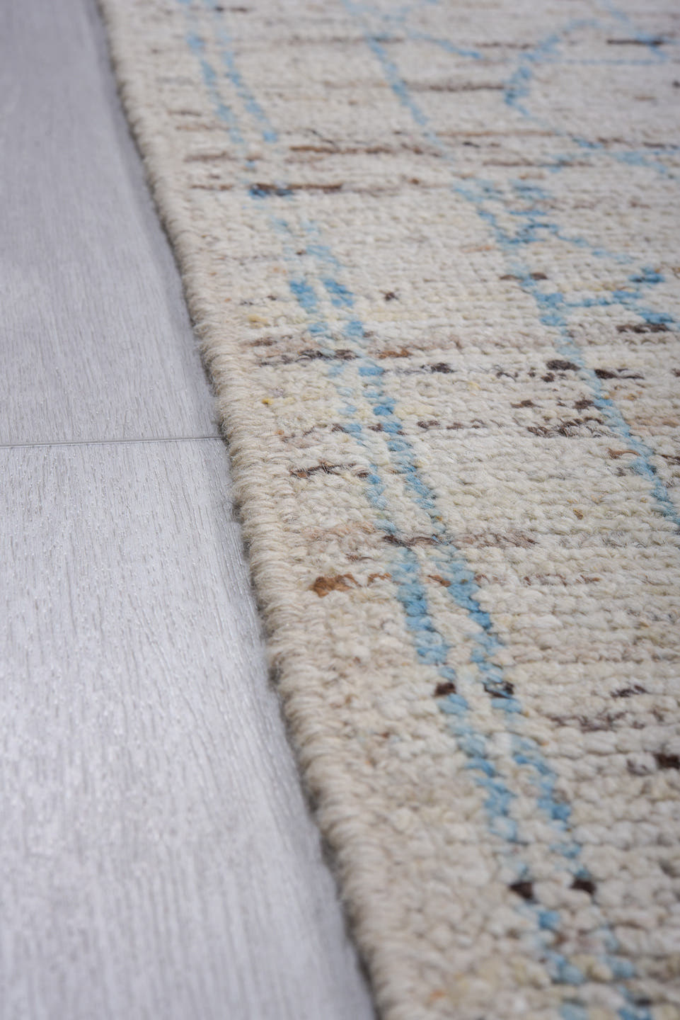9' x 12' one-of-a-kind handmade vintage Tulu large size rug. Color palette: ivory, pale blue, taupe, gray, light blue, beige