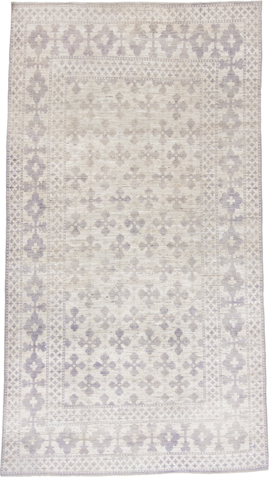9' x 12' one-of-a-kind handmade vintage Tulu large size rug. Color palette: ivory, lavender, taupe, cream, pale gray