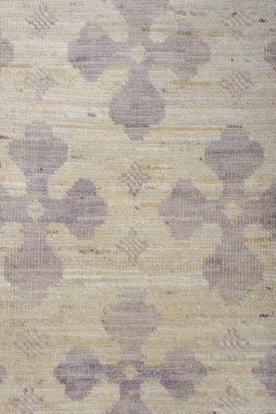 9' x 12' one-of-a-kind handmade vintage Tulu large size rug. Color palette: ivory, lavender, taupe, cream, pale gray