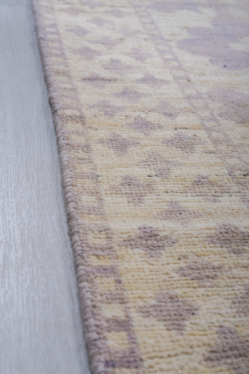 9' x 12' one-of-a-kind handmade vintage Tulu large size rug. Color palette: ivory, lavender, taupe, cream, pale gray