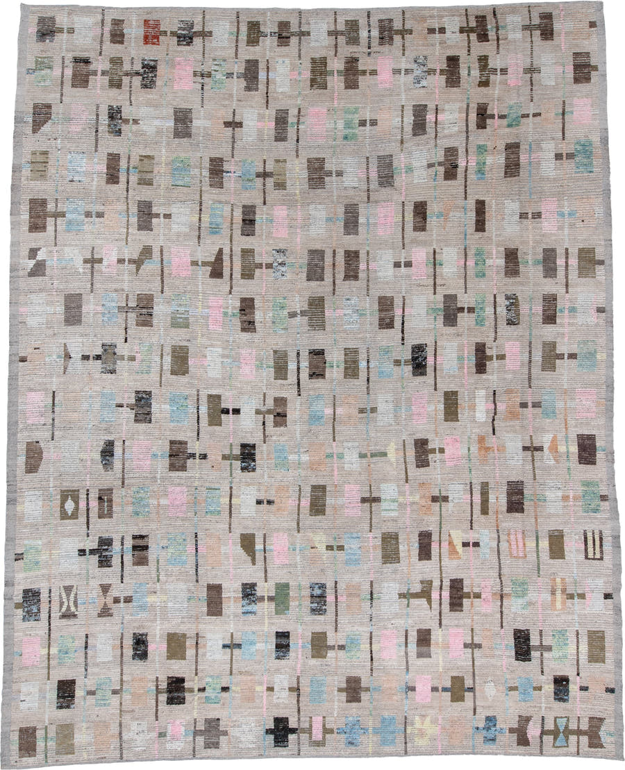 8' x 14' one-of-a-kind handmade vintage Tulu large size rug. Color palette: taupe, brown, ivory, pink, sky blue, sage