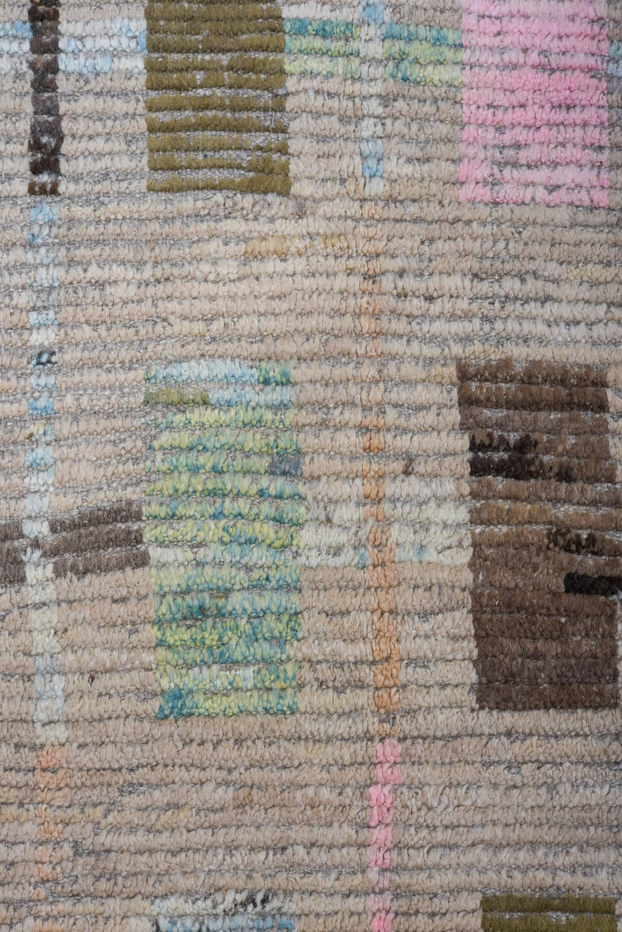 8' x 14' one-of-a-kind handmade vintage Tulu large size rug. Color palette: taupe, brown, ivory, pink, sky blue, sage