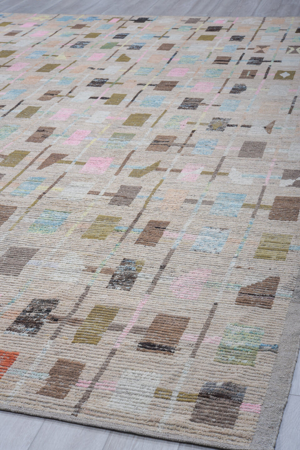 8' x 14' one-of-a-kind handmade vintage Tulu large size rug. Color palette: taupe, brown, ivory, pink, sky blue, sage