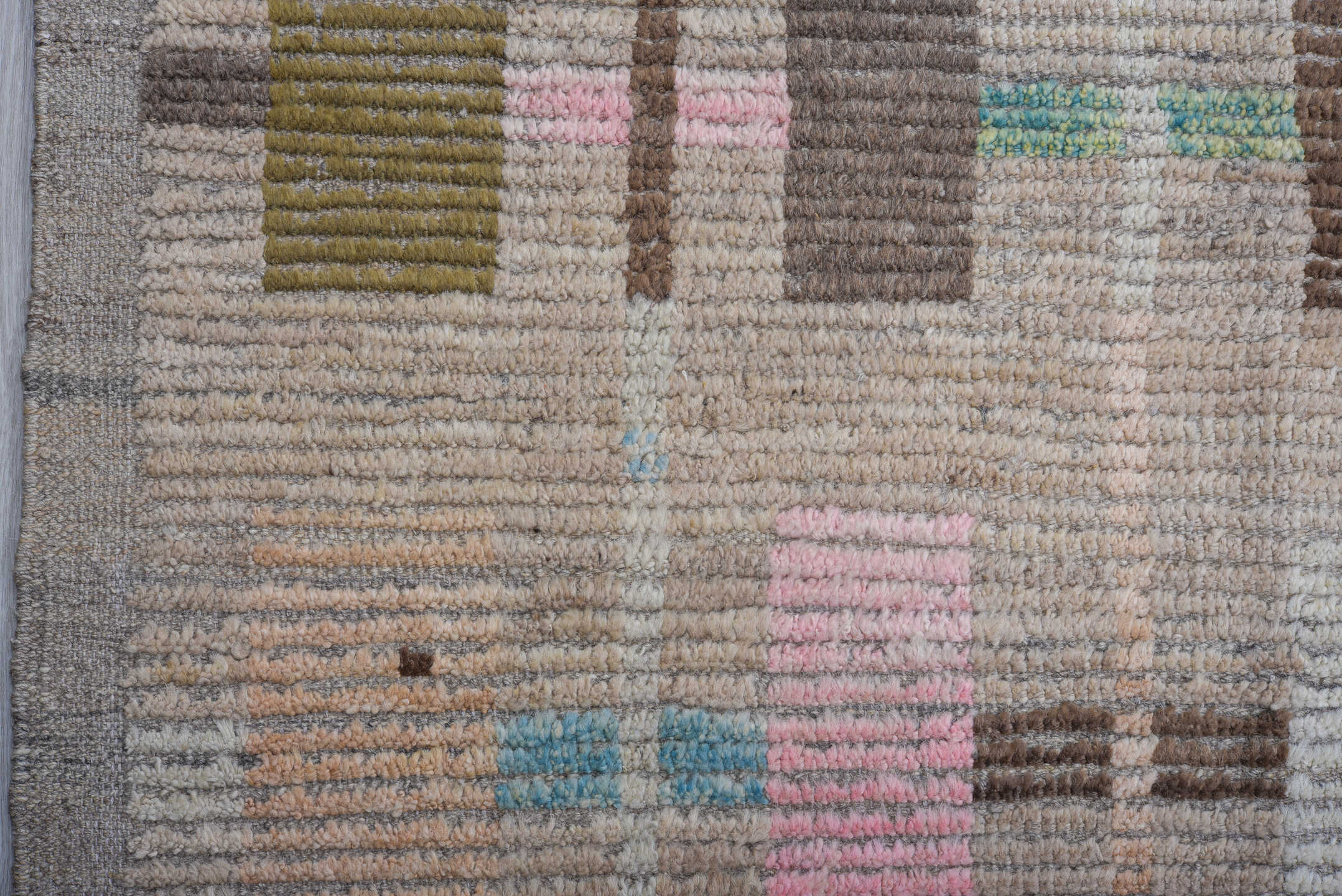 8' x 14' one-of-a-kind handmade vintage Tulu large size rug. Color palette: taupe, brown, ivory, pink, sky blue, sage