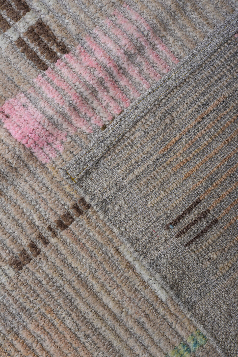 8' x 14' one-of-a-kind handmade vintage Tulu large size rug. Color palette: taupe, brown, ivory, pink, sky blue, sage
