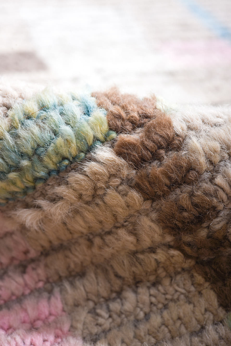 8' x 14' one-of-a-kind handmade vintage Tulu large size rug. Color palette: taupe, brown, ivory, pink, sky blue, sage