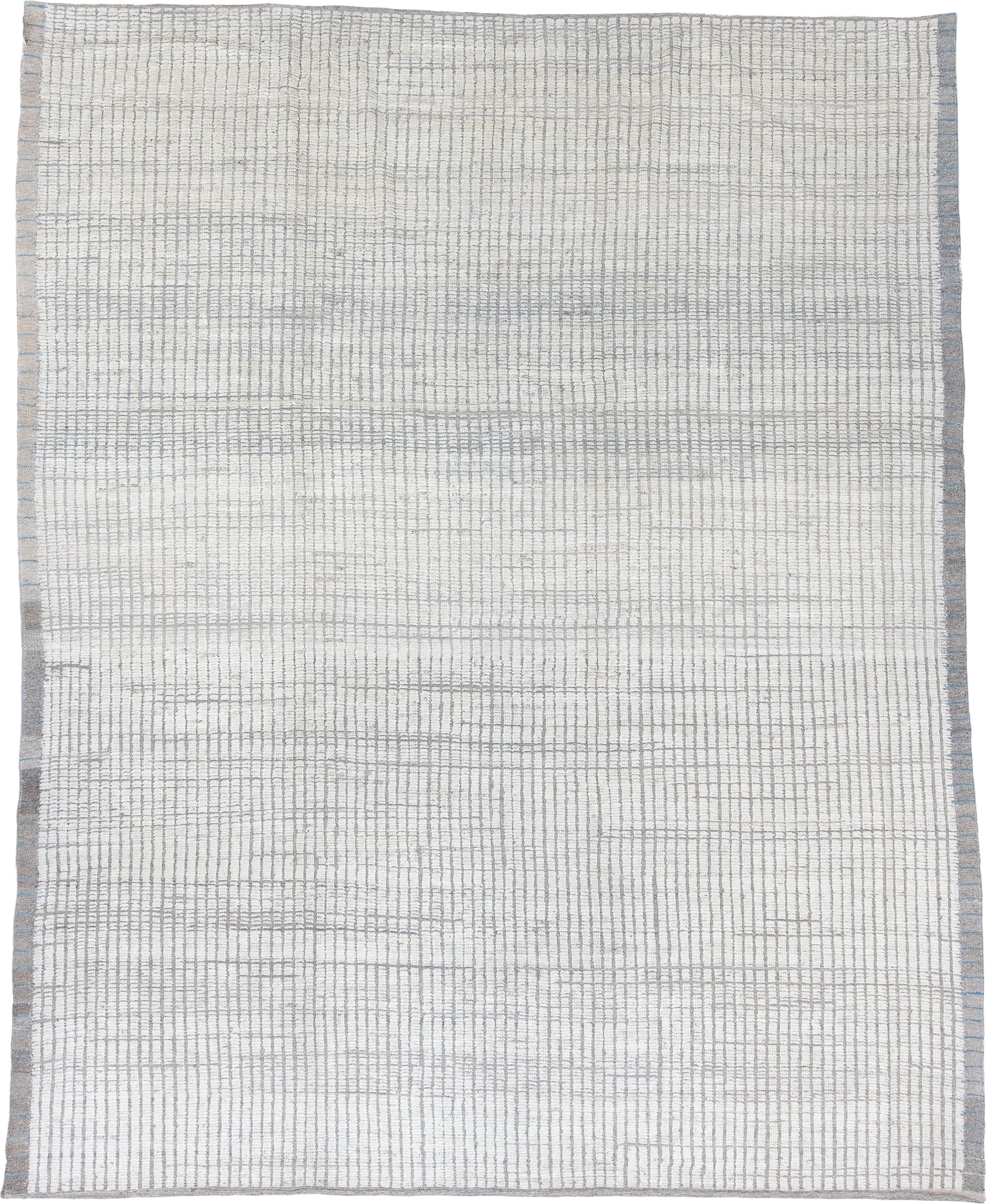 12' x 15' one-of-a-kind handmade vintage Tulu oversize rug. Color palette: ivory, light gray, taupe, beige, gray