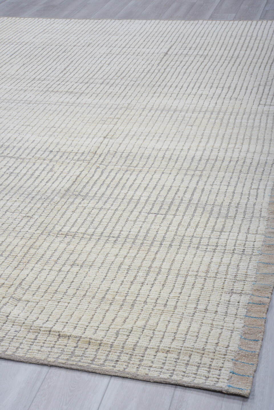 12' x 15' one-of-a-kind handmade vintage Tulu oversize rug. Color palette: ivory, light gray, taupe, beige, gray