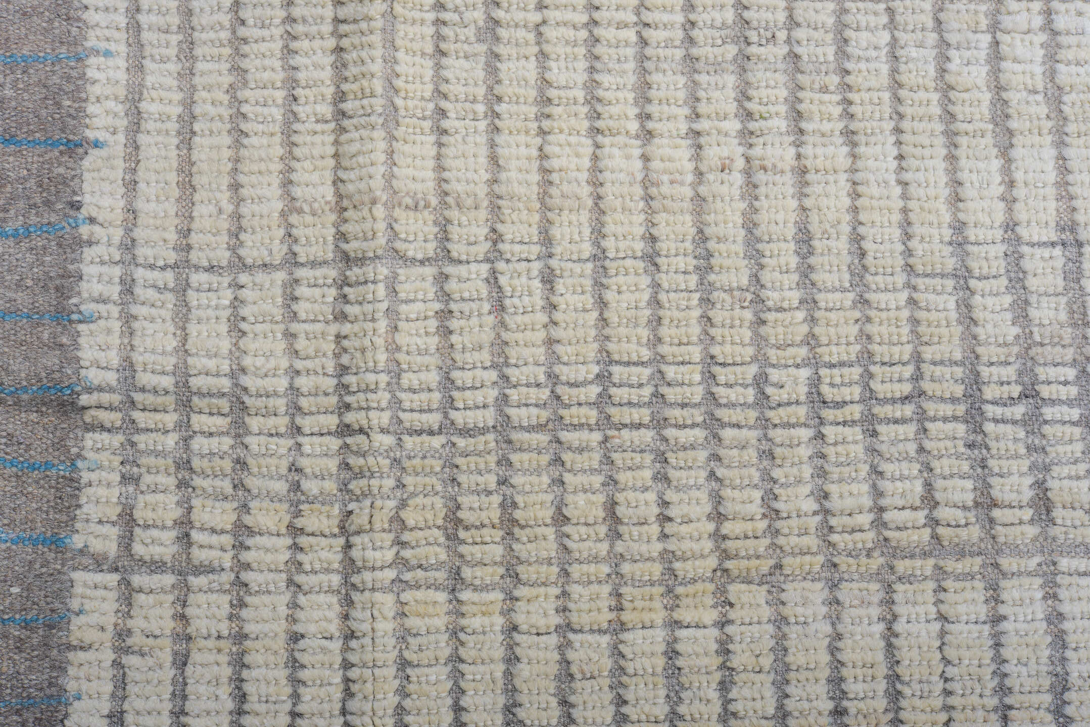 12' x 15' one-of-a-kind handmade vintage Tulu oversize rug. Color palette: ivory, light gray, taupe, beige, gray