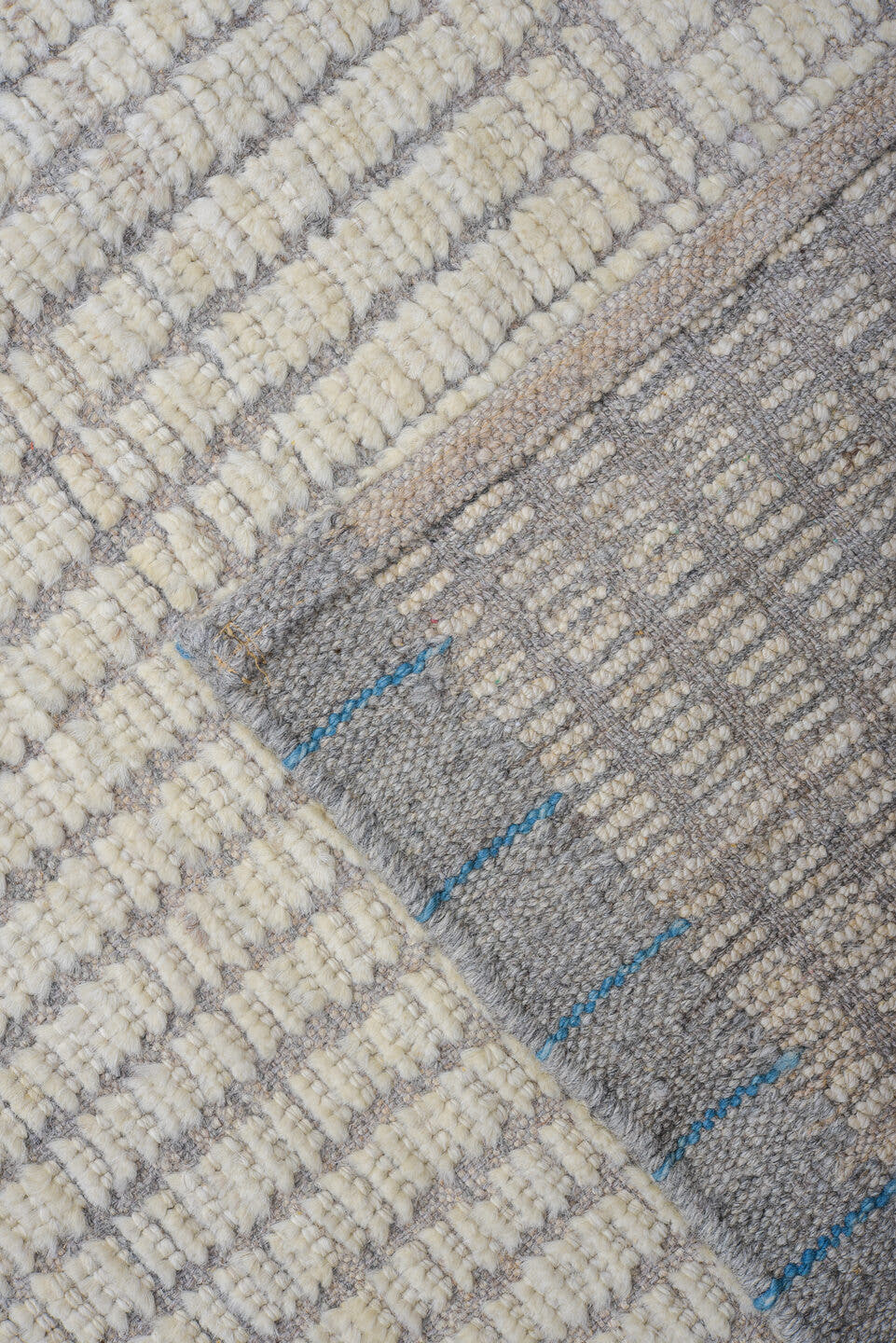 12' x 15' one-of-a-kind handmade vintage Tulu oversize rug. Color palette: ivory, light gray, taupe, beige, gray