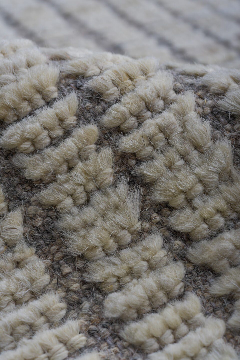 12' x 15' one-of-a-kind handmade vintage Tulu oversize rug. Color palette: ivory, light gray, taupe, beige, gray