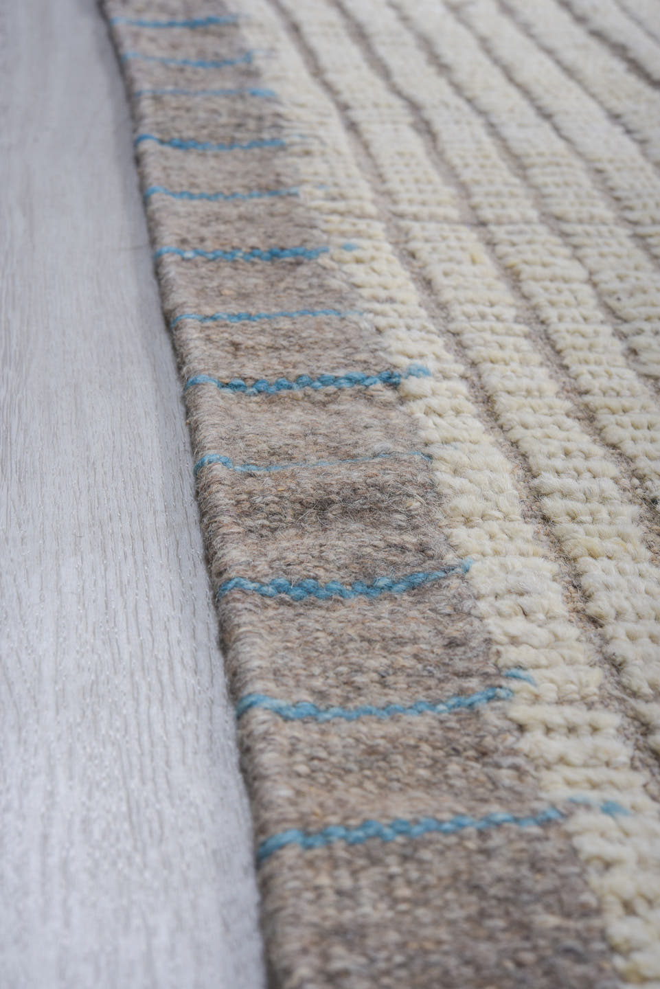 12' x 15' one-of-a-kind handmade vintage Tulu oversize rug. Color palette: ivory, light gray, taupe, beige, gray