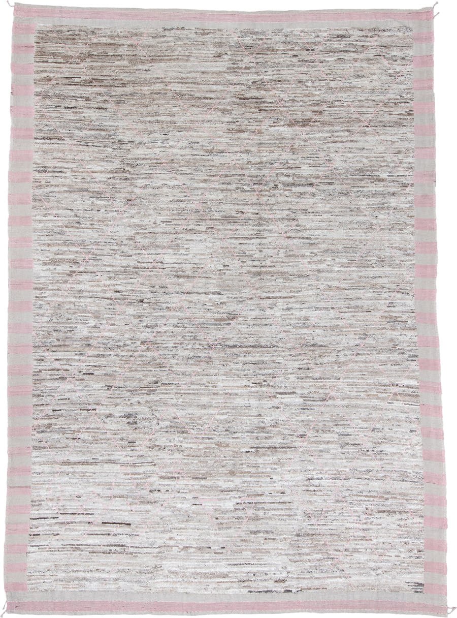 9' x 11' one-of-a-kind handmade vintage Tulu large size rug. Color palette: ivory, taupe, blush, gray, beige, pink