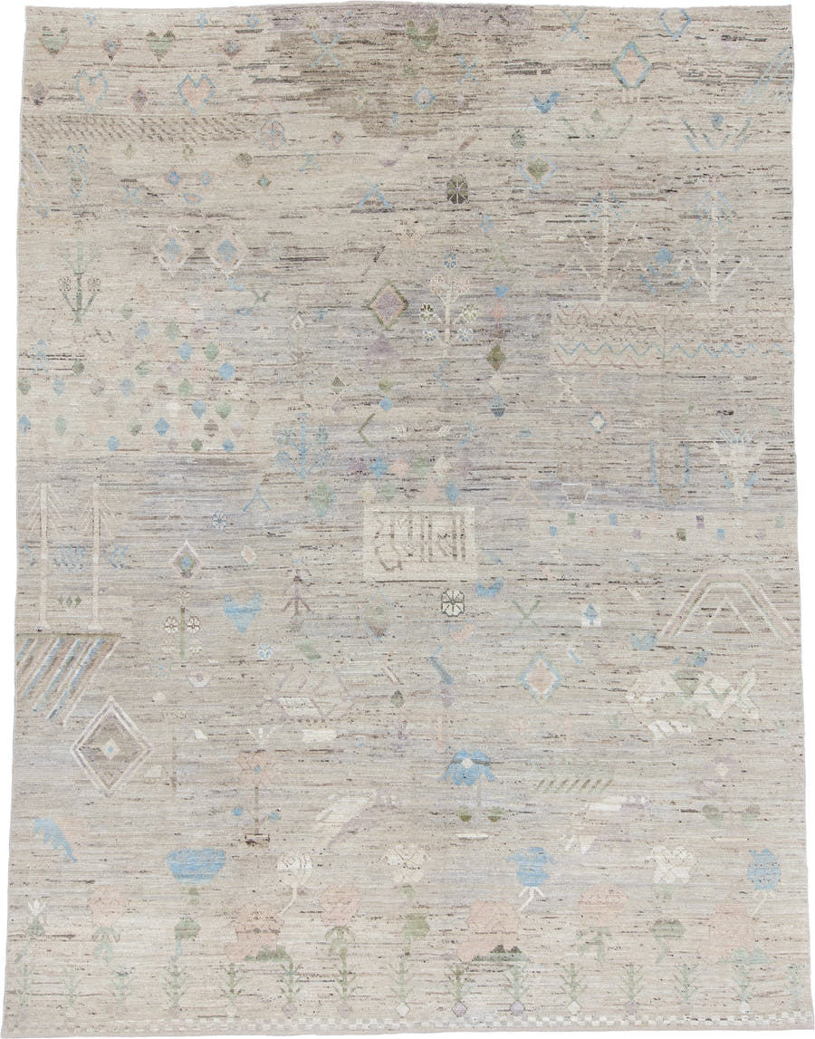 10' x 14' one-of-a-kind handmade vintage Tulu large size rug. Color palette: ivory, taupe, sky_blue, sage, blush, gray