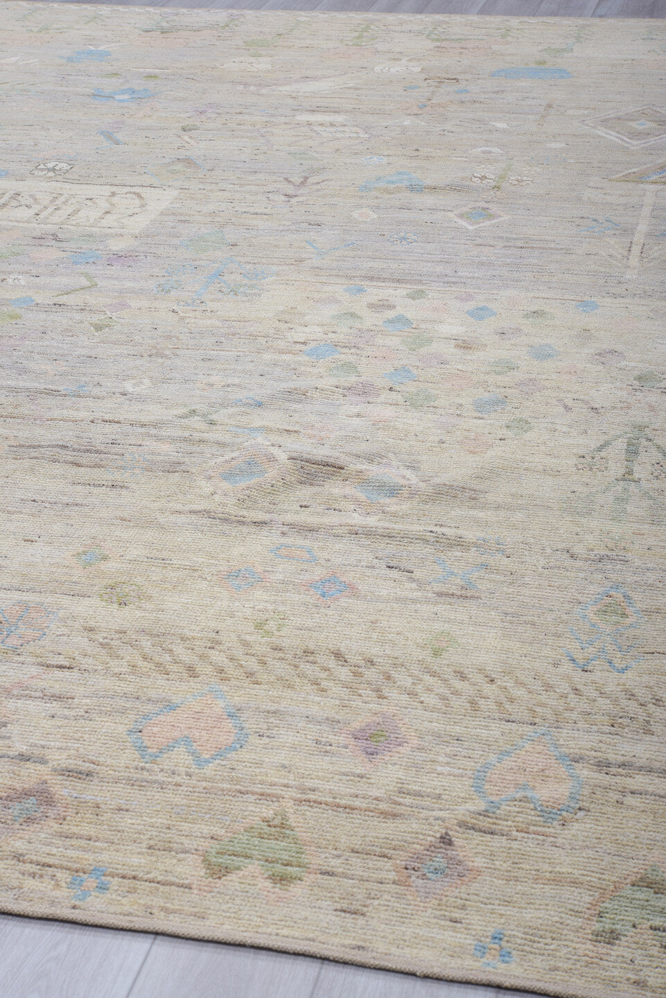 10' x 14' one-of-a-kind handmade vintage Tulu large size rug. Color palette: ivory, taupe, sky_blue, sage, blush, gray
