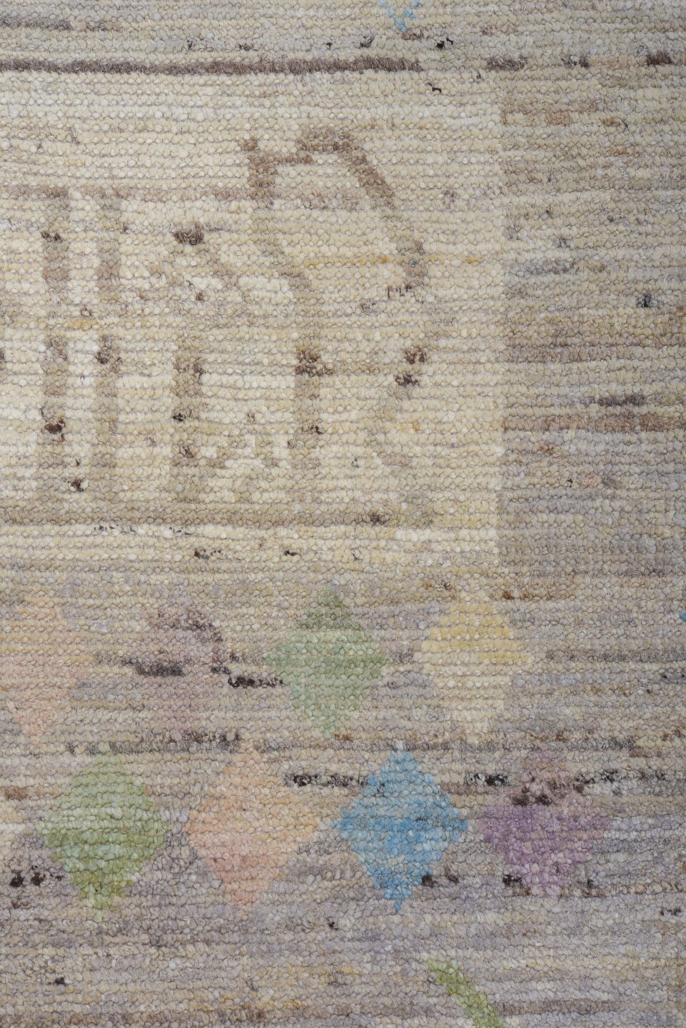 10' x 14' one-of-a-kind handmade vintage Tulu large size rug. Color palette: ivory, taupe, sky_blue, sage, blush, gray