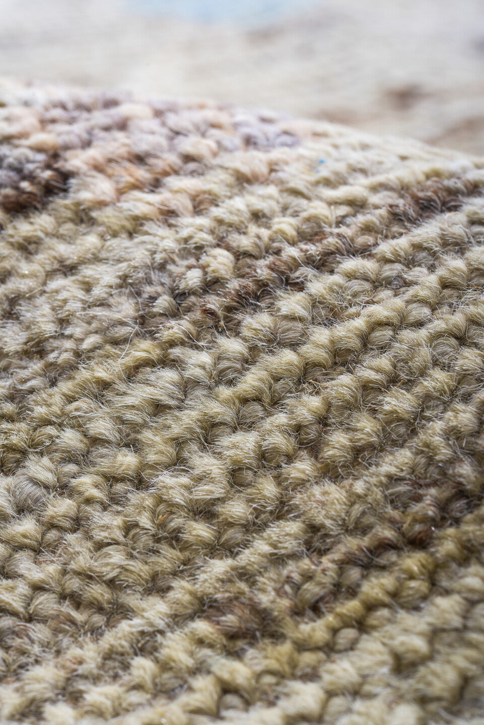 10' x 14' one-of-a-kind handmade vintage Tulu large size rug. Color palette: ivory, taupe, sky_blue, sage, blush, gray
