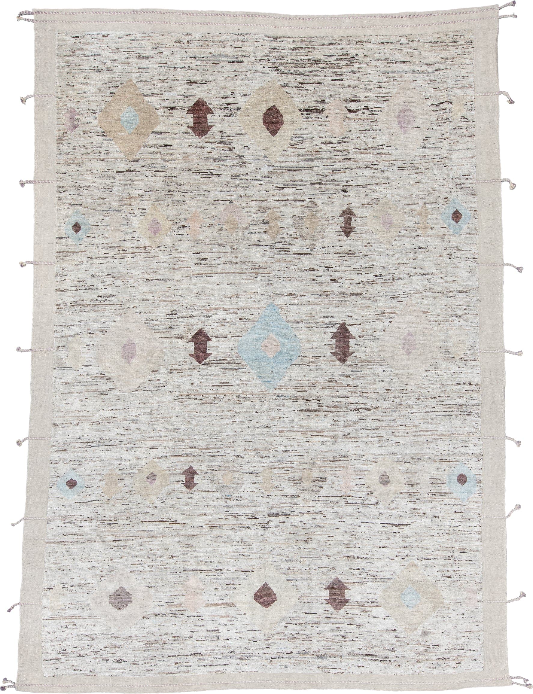 9' x 10' one-of-a-kind handmade vintage Tulu large size rug. Color palette: ivory, taupe, brown, sky_blue, lavender, beige