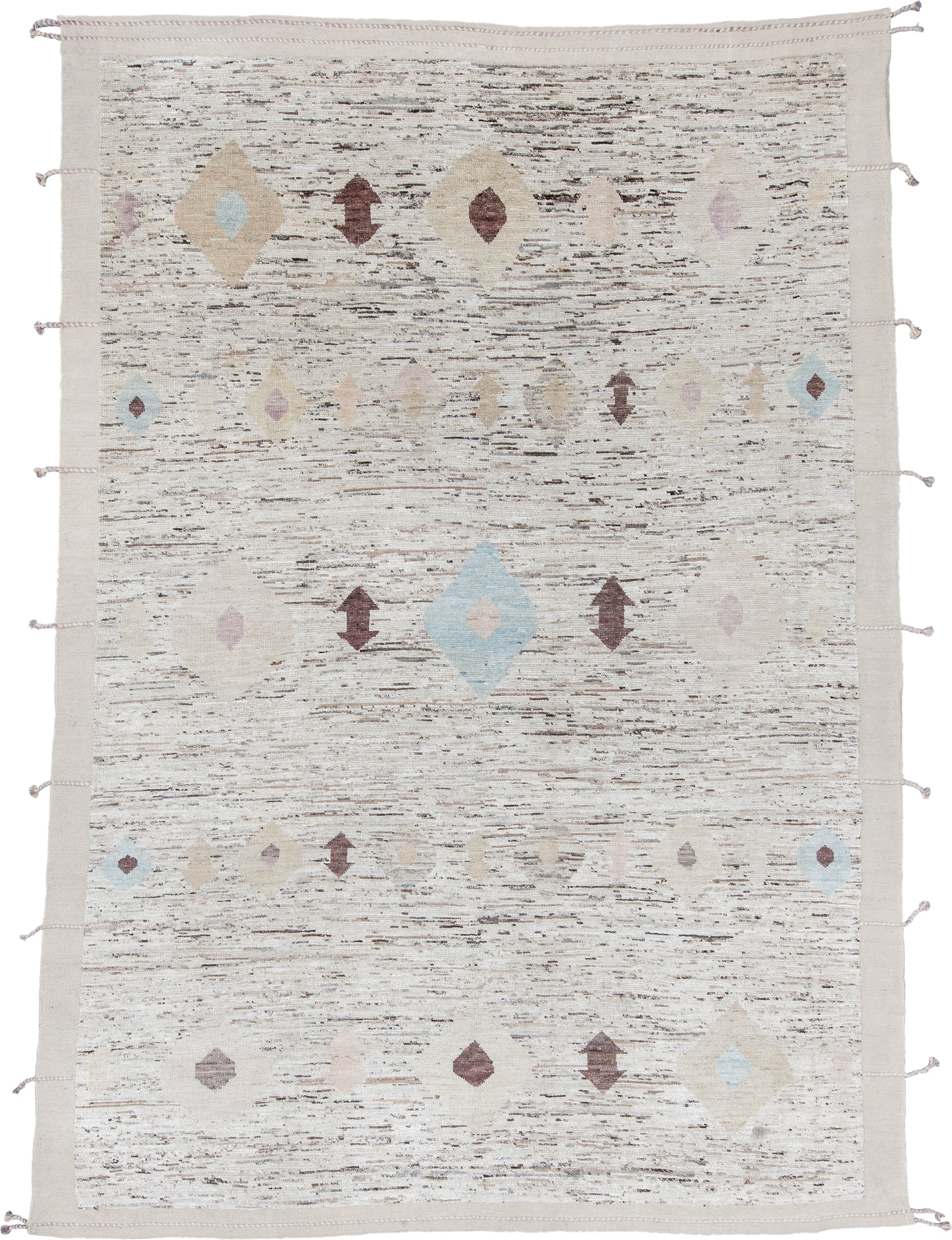 9' x 10' one-of-a-kind handmade vintage Tulu large size rug. Color palette: ivory, taupe, brown, sky_blue, lavender, beige