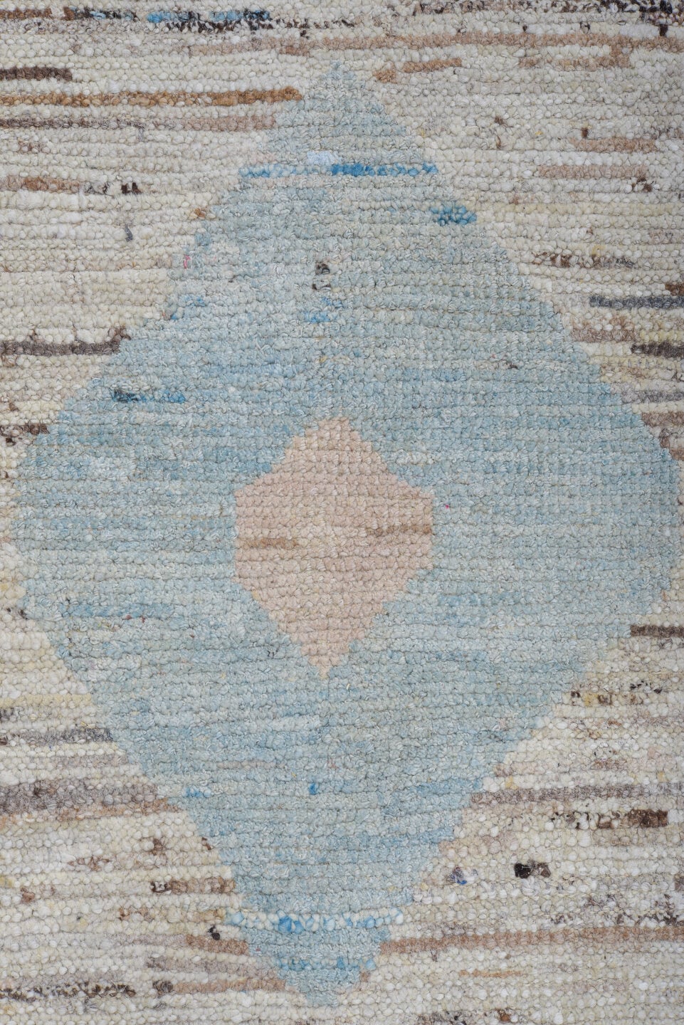 9' x 10' one-of-a-kind handmade vintage Tulu large size rug. Color palette: ivory, taupe, brown, sky_blue, lavender, beige